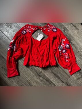 Free People Red Embroidered Open-Back Peasant Blouse
